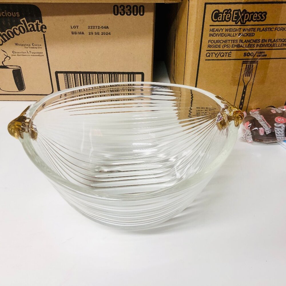 Vtg 80s Mikasa Neo Classic Serving Bowl Ribbed Glass With Gold Handles 10"